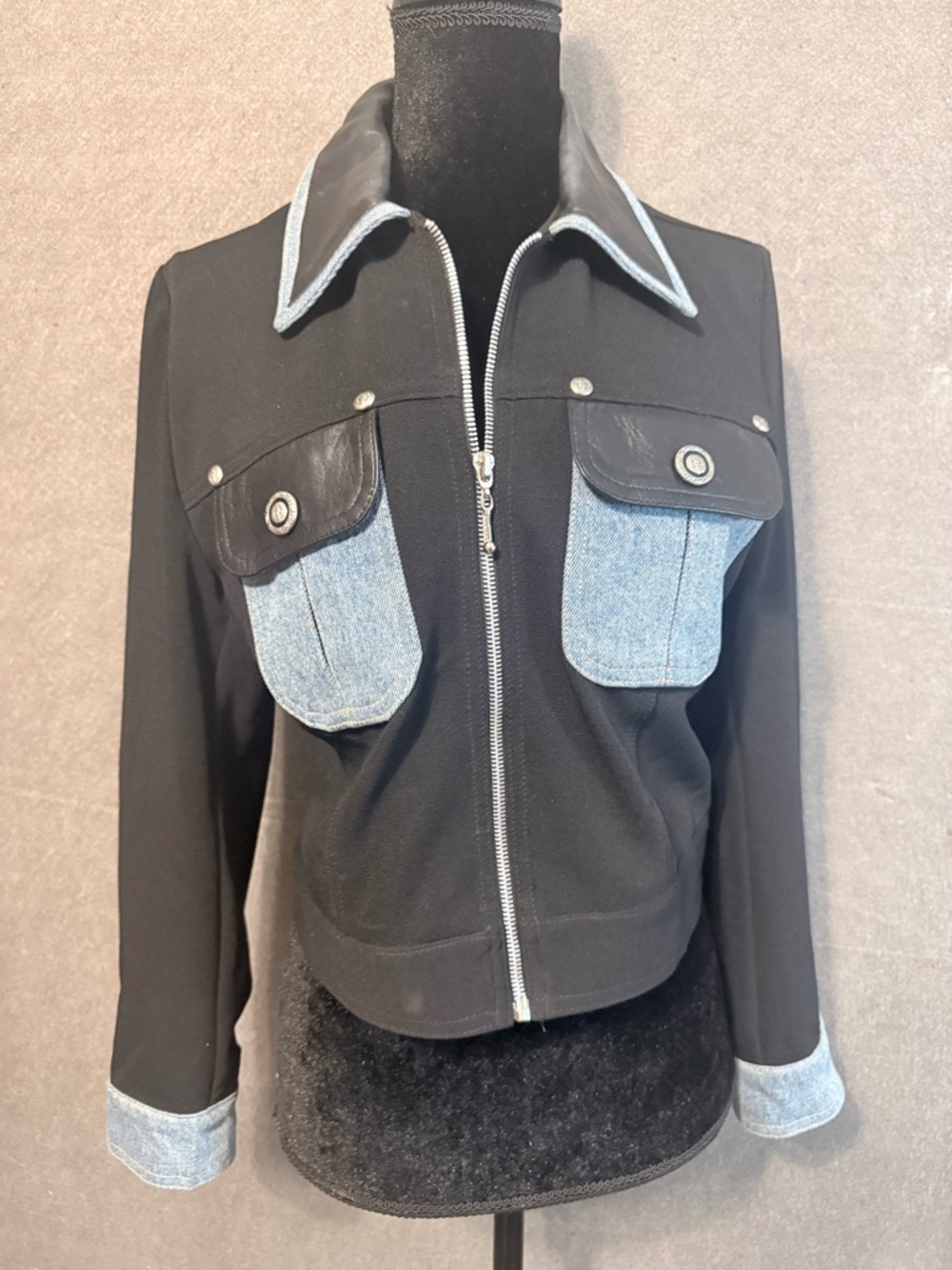 Black Jacket with Light Blue Denim-Trim Collar and Pocket Accents